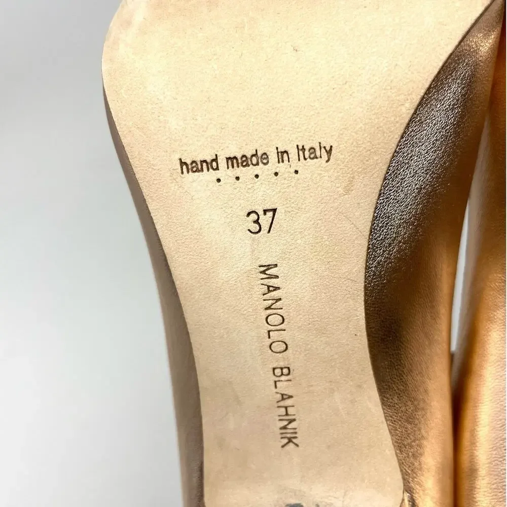 Manolo Blahnik Hangisi Rose Gold Metallic Leather Crystal Buckle Pump Heel EU 37 - Picture 12 of 14